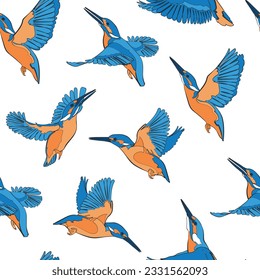 Seamless pattern with flying kingfishers. Vector illustration.