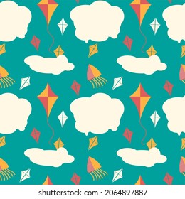 Seamless pattern with flying kites. Kids cute print. Vector hand drawn illustration.