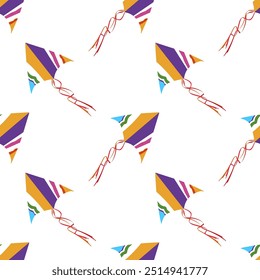 Padrão contínuo com papagaios voadores para férias das crianças, diversão de design colorido ao ar livre, brinquedo alegre festivo, ilustração vetorial
