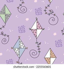 Seamless pattern with flying kites in magic sky. Kawaii design. Cute hand drawn vector background for kids room decor, nursery art, fabric, wallpaper, wrapping paper, textile, packaging, gift, apparel