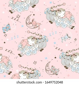 Seamless pattern with flying lambs and babies for girls. Vector.