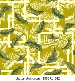 Seamless pattern with flying leaves. Vector background with palm leaves.