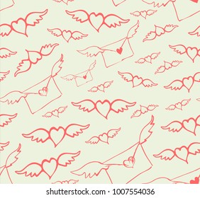 Seamless pattern with flying letters and hearts.  Vector cover design.