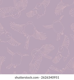 Seamless pattern with flying long-tailed tits. Vector illustration.