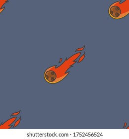 Seamless pattern with flying meteorite. Isolated cartoon hand-drawn illustration on a clean dark background. Color vector.