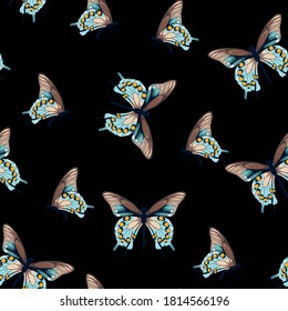 Seamless pattern with flying multicolored butterflies on a black background.