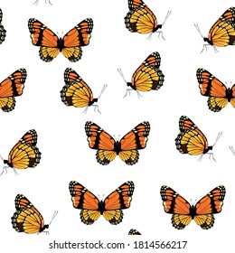 Seamless pattern with flying multicolored butterflies on a white background.