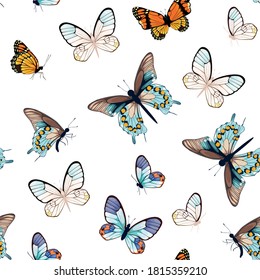 Seamless pattern with flying multicolored butterflies on a white background.