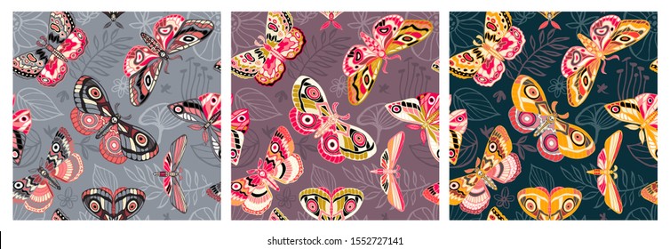 Motivo inexorable de mariposas, mariposas. Color mariposa, polilla, elementos florales, ilustración vectorial dibujada a mano.