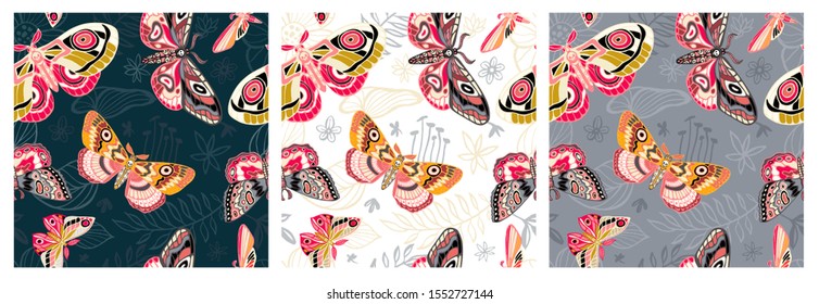 Seamless pattern flying night moths, butterflies. Color butterfly, moth, floral elements, Hand drawn vector illustration.