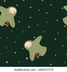 Seamless pattern with  flying owls on the night sky background .Cute hand drawn owls on the stars night background.Vector print for fabric or wallpaper.
