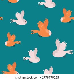 Seamless pattern with flying owls on a blue background. Vector illustration