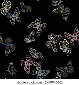 Seamless pattern with flying paint brush  butterflies , Vector EPS10 illustration ,Design for fashion, fabric,wrapping,wallpaper,textile and all prints on black .