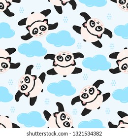 seamless pattern with flying panda in the sky- vector illustration, eps