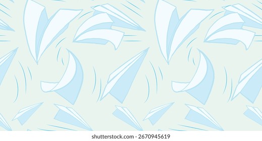 Padrão contínuo com aviões de papel voador em um fundo claro. Textura decorativa lúdica simbolizando liberdade, infância e criatividade.