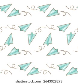 Seamless pattern with flying paper planes and doodles