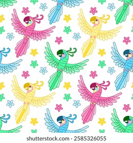 Seamless pattern with flying parrots and flowers on a white background. Flat design. For tanya design, wallpapers, backgrounds, wrapping paper, prints, postcards. Vector illustration