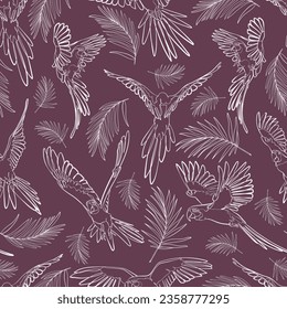 Seamless pattern with flying parrots and palm leaves. Vector illustration.