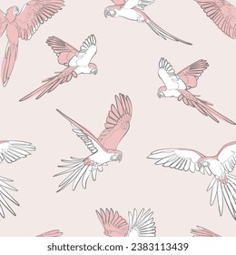 Seamless pattern with flying parrots. Vector illustration.