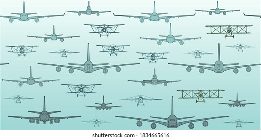 Patrón incomparable de aviones de pasajeros voladores de diferentes tiempos. Dibujos de aviones