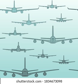 Patrón ininterrumpido de aviones de pasajeros voladores de diferentes modelos. Dibujos de aviones
