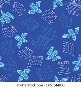 Seamless pattern with flying pencils and notebooks on a blue background