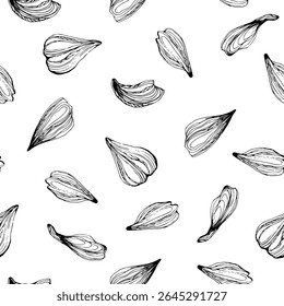 Seamless pattern with flying petals. Flowers petals linear hand drawn vector illustration