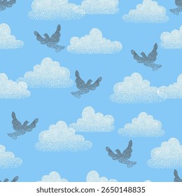 Padrão contínuo com pombos voadores e nuvens. Ilustração de aves da pomba vetorial