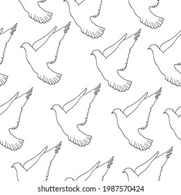 Seamless pattern of flying pigeons on a white background.Silhouettes of vector birds.The pattern can be used in textiles, wallpaper, and postcards.
