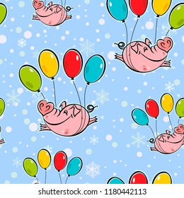 Seamless pattern. Flying pigs on balloons. The sky snowflakes. Vector