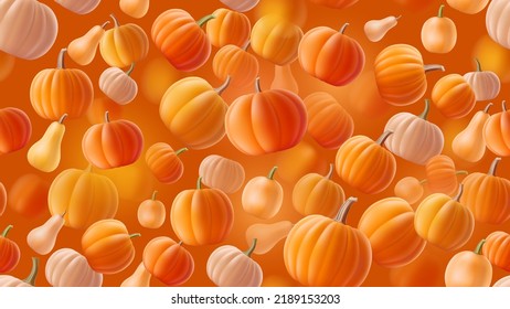 Patrón sin foco con calabaza voladora sobre fondo naranja. Ilustración de squash 3D de otoño con sombra para pancarta de Halloween, fondo de pantalla. Textura vectorial con calabaza volumétrica en caída.