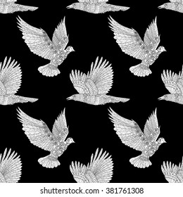 Seamless pattern with flying raven and dove with high details. Adult anti-stress coloring page with birds. Black white hand drawn doodle bird.Tile texture in zentangle style. Vector illustration.
