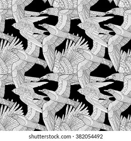 Seamless pattern with flying raven,seagull and swallow with high details. Adult anti-stress coloring page with birds. Black white hand drawn bird.Tile texture in zentangle style. Vector illustration.