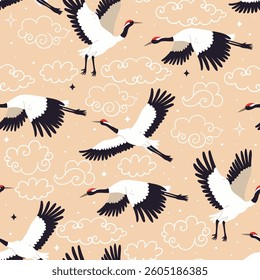 Seamless pattern with flying red-crowned cranes and clouds. Vector graphics.