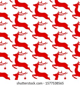 Seamless Pattern Flying Reindeer With Star Red And White