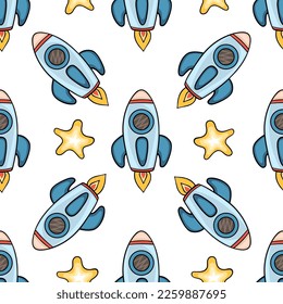 Seamless pattern with flying rocket and stars. Hand drawn vector background