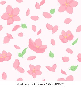 Seamless pattern with flying sakura flowers. Blooming cherry or apple tree pink petals. Background for wedding invitation, greeting cards.