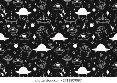  Padrão contínuo de disco voador e alienígena no espaço. Linha de doodle de vetor Fundo cosmos bonito com estrela, planeta, ufo. Design de papel de parede para crianças quarto. ilustração vetor plana