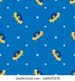 Seamless pattern with flying saucer. Aliens. Space. Vector illustration.