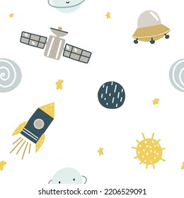Seamless pattern with flying saucer, rocket, satellite, sun, planet on white background for child fabric, textile, nursery, wallpape