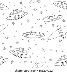 Seamless pattern Flying Saucer, Spaceship And UFO. Illustration of cartoon funny UFO, unidentified spaceship and spacecrafts from alien invaders, various futuristic shapes, vector space collection. 