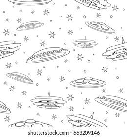 Seamless pattern Flying Saucer, Spaceship And UFO. Illustration of cartoon funny UFO, unidentified spaceship and spacecrafts from alien invaders, various futuristic shapes, vector space collection. 