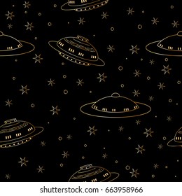 Seamless pattern Flying Saucer, Spaceship And UFO. Illustration of cartoon funny UFO, unidentified spaceship and spacecrafts from alien invaders, various futuristic shapes, vector space collection.