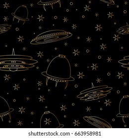 Seamless pattern Flying Saucer, Spaceship And UFO. Illustration of cartoon funny UFO, unidentified spaceship and spacecrafts from alien invaders, various futuristic shapes, vector space collection.