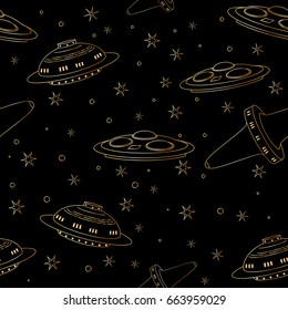 Seamless pattern Flying Saucer, Spaceship And UFO. Illustration of cartoon funny UFO, unidentified spaceship and spacecrafts from alien invaders, various futuristic shapes, vector space collection.
