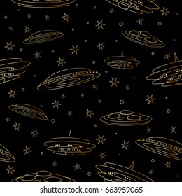 Seamless pattern Flying Saucer, Spaceship And UFO. Illustration of cartoon funny UFO, unidentified spaceship and spacecrafts from alien invaders, various futuristic shapes, vector space collection.