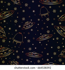 Seamless pattern Flying Saucer, Spaceship And UFO. Illustration of cartoon funny UFO, unidentified spaceship and spacecrafts from alien invaders, various futuristic shapes, vector space collection.