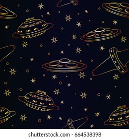 Seamless pattern Flying Saucer, Spaceship And UFO. Illustration of cartoon funny UFO, unidentified spaceship and spacecrafts from alien invaders, various futuristic shapes, vector space collection.