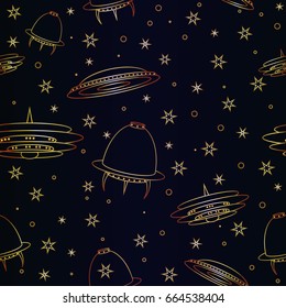 Seamless pattern Flying Saucer, Spaceship And UFO. Illustration of cartoon funny UFO, unidentified spaceship and spacecrafts from alien invaders, various futuristic shapes, vector space collection.
