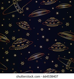 Seamless pattern Flying Saucer, Spaceship And UFO. Illustration of cartoon funny UFO, unidentified spaceship and spacecrafts from alien invaders, various futuristic shapes, vector space collection.